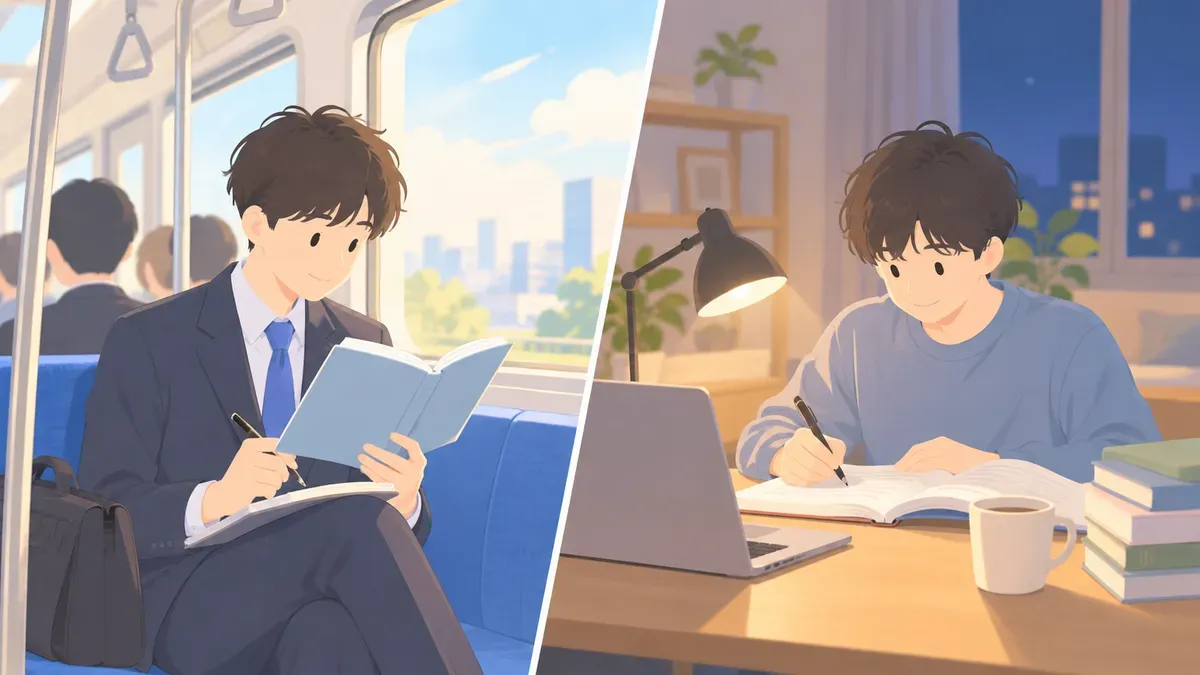 仕事のあとに資格の勉強時間を作る場面