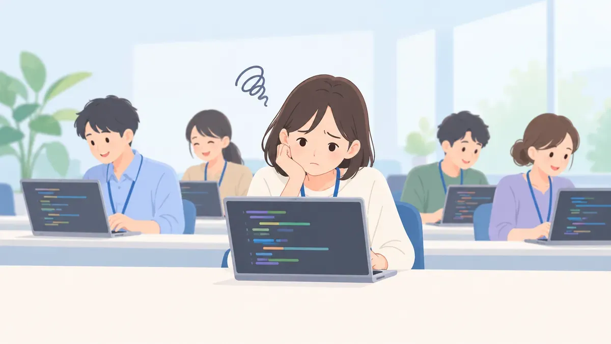 新人研修の教室でついていけず焦る新人エンジニアの場面