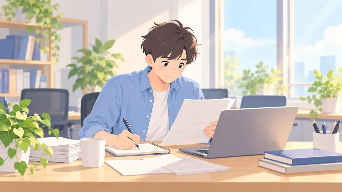 空き時間にチームの資料を読んでメモを取りながら学ぶ新人エンジニアのイメージ