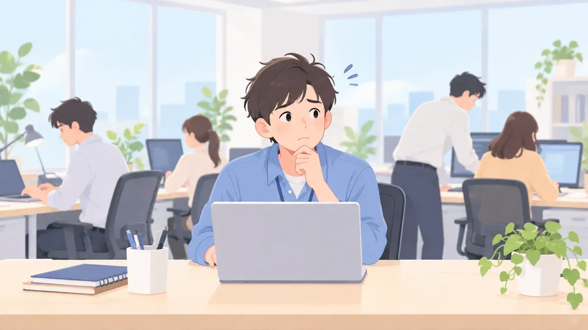忙しそうな職場で、新人エンジニアが自分の席で次の一歩を考えているイメージ